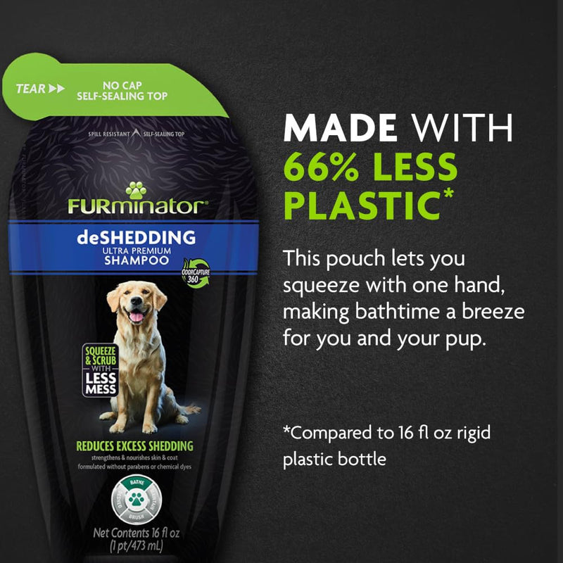 FURminator DeShedding Shampoo Squeezable Pouch,16 Fluid Ounces, Moisturizing Deshedding Shampoo for Dogs in Self-Sealing,Spill-Resistant Pouch Helps Reduce Excess Shedding and Nourishes Skin and Coat - PawsPlanet Australia