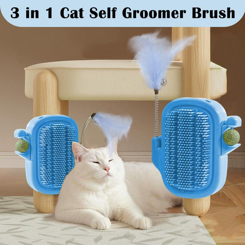 3-in-1 Cat Self Groomer Brush – Wall Corner Cat Scratch Pad with Catnip Ball & Feather Toy, Cactus-Style Wall Brush for Indoor Cats, Cats Massager & Face Scratchers for Fur Pets Blue - PawsPlanet Australia