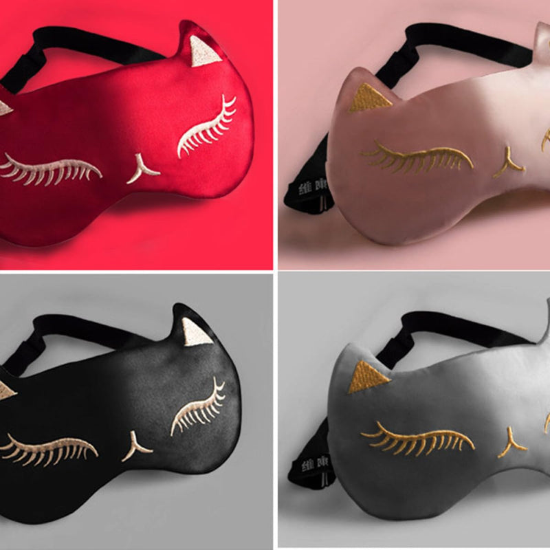 SOLUSTRE Silk Eye Mask with Cat Motif and Adjustable Strap for Eye Tiredness Relief, Black, for Home and Travel, for Women