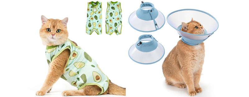 Avont Cat Recovery Suit Bundle with Adjustable Cat Cone Collar, Transparent PVC Anti-Lick E-Collar - M