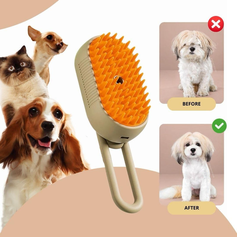 3-in-1 Steam Pet Brush for Cats & Dogs – Self-Cleaning Grooming Comb with Spray Mist, Massage & Shedding, Rechargeable USB, Anti-Static, Foldable Handle – Kakhi Khaki - PawsPlanet Australia