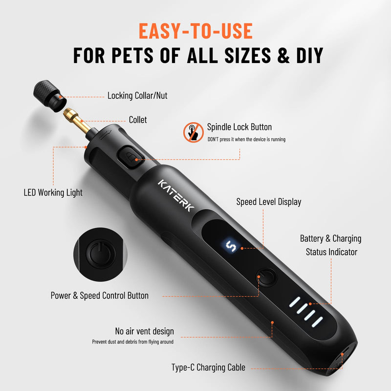 Katerk Pet Dog Nail Grinder - 5 Speed Quiet Electric Dog Nail Trimmer with 360°LED Light, 2500mAh Rechargeable, 32PCS Cordless Rotary Tool for Small Medium Large Dogs & DIY Sanding, Carving (Black) Black