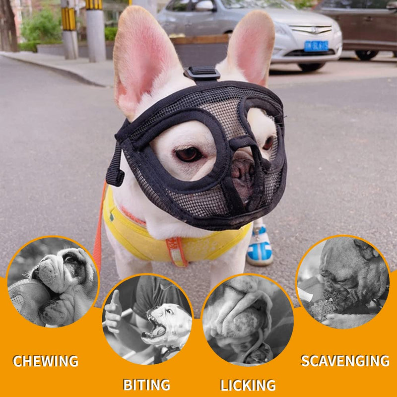 BARKLESS Short Snout Dog Muzzle, Breathable Mesh Flat Faced Muzzle for French Bulldog Shih Tzu and Pug,Mask Bulldog Muzzle for Biting Chewing Licking Black XXS (Head 7.5-12.5'')