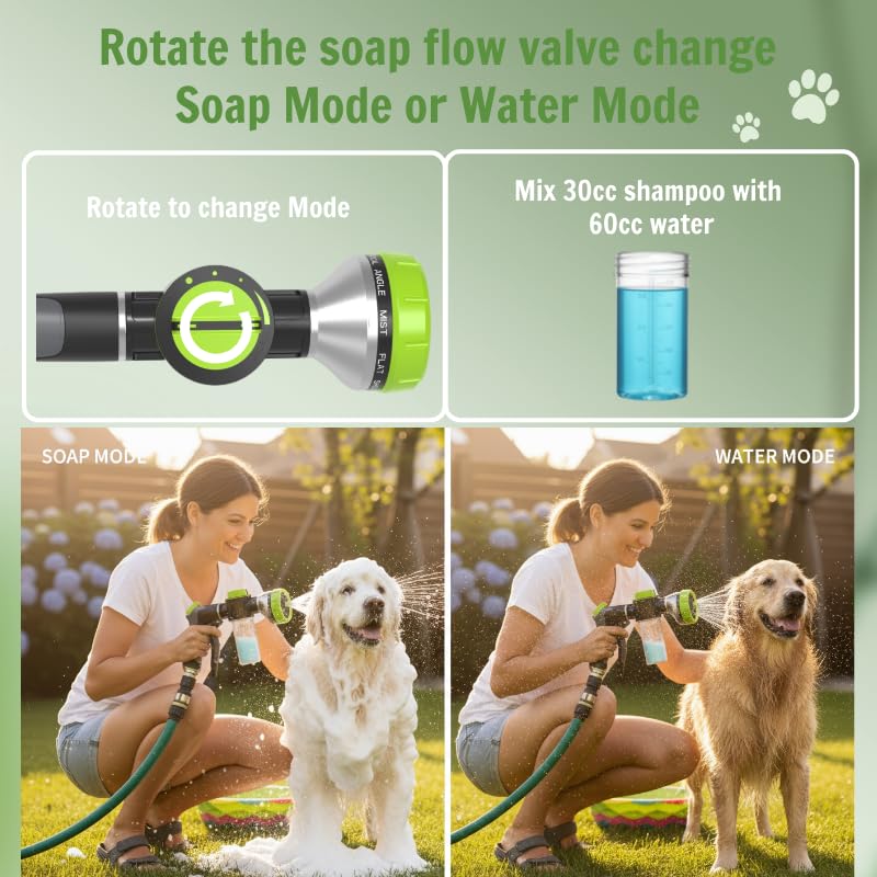 Dog Washing Hose Attachment, 10 Spray Modes and Adjustable Water Pressure Garden Hose Nozzle with Soap Dispenser for Dog Cat Bathing, Also Adopted in Watering Flowers, Car Wash - PawsPlanet Australia