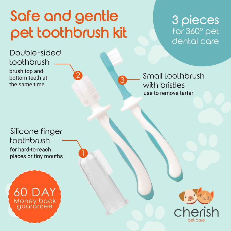 Cherish Pet Care Dog Tooth Brushing Kit (3pcs) - Dog Finger Toothbrush, Double-Sided Toothbrush, Small Dog Toothbrush, Dog Teeth Cleaning, Puppy Tooth Brushing Kit, Small Dog Tooth Brushing Kit - PawsPlanet Australia