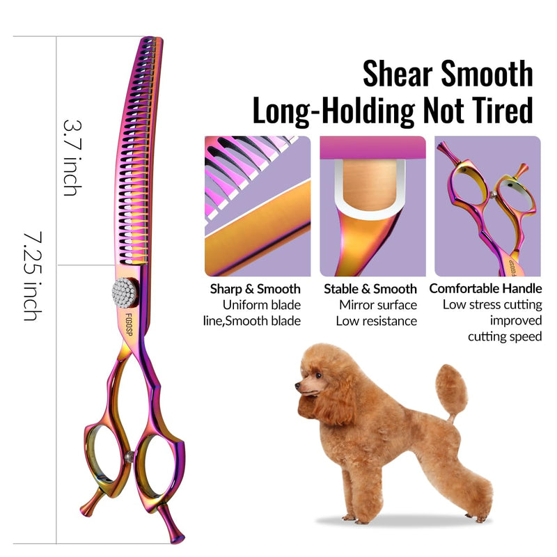 Professional Curved Chunkers Shears Dog Grooming 7.5'' Rainbow Curved Thinning Scissors for Large Dogs, 35 Teeth, Japan 440C Stainless Steel, Purple 7.5 in Curved Chunkers Rose Red - PawsPlanet Australia