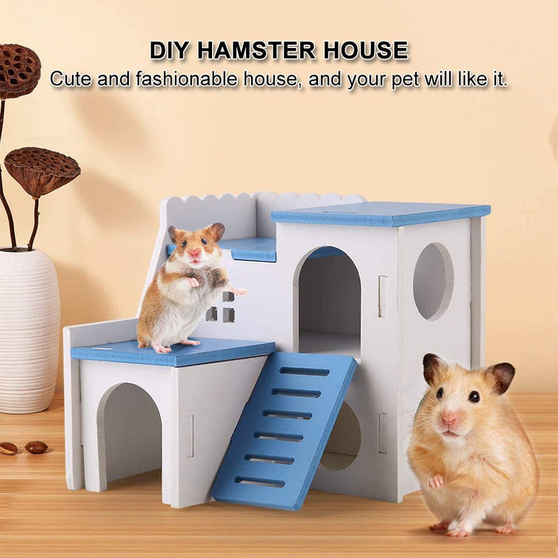 WishLotus Wooden Hamster House, Small Animal Hideout Hamster House with Funny Climbing Ladder Exercise Toys Luxury Two Layers Hut for Dwarf Hamster, Chinchilla, Rat, Gerbil, Mouse (Blue)