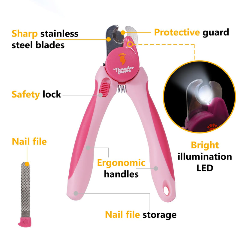 LED Dog Nail Clippers with Light, Trimmers with Protective Guard, Quick Sensor, Safety Lock and Nail File - Suitable for Large and Small Dogs & Cats (Pink, LED)