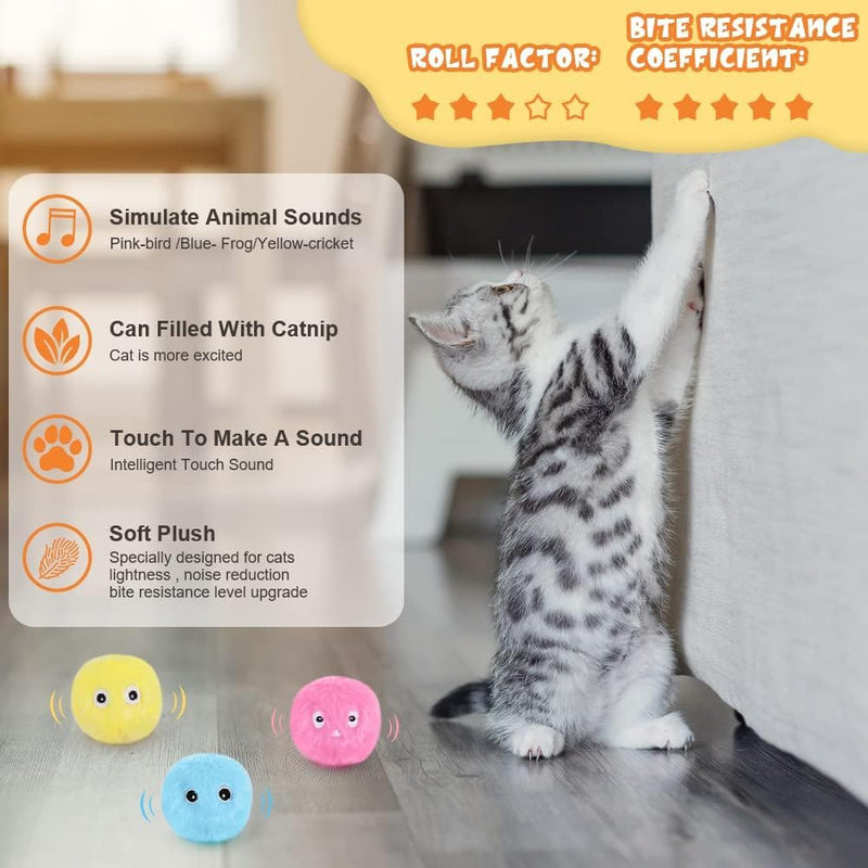Plush Catnip Balls,3 Pack Chirping Cat Toys Balls with 3 Lifelike Animal Sounds Kitten Catnip Exercise Toys Interactive Cat Toy Ball with Smart TriggersKitten Toys for Indoor Cat Dog Exercise 3pcs - PawsPlanet Australia