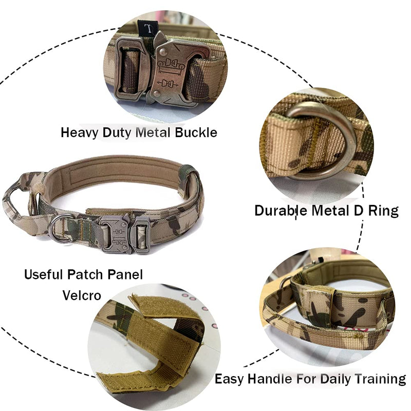 Xqpetlihai Tactical Dog Collar and Leash Set Adjustable Military Nylon Dog Collar with Control Handle and Heavy Duty Metal Buckle for Large Dogs（Camo L Large (Pack of 1) Camo SET(collar+leash) - PawsPlanet Australia