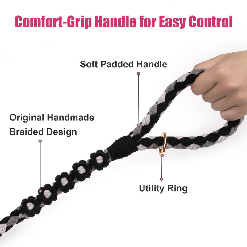 Handmade 5ft Braided Cotton Dog Leash with Unique Floral Handle, Durable and Stylish, Ideal for Small to Large Dogs, Black - PawsPlanet Australia