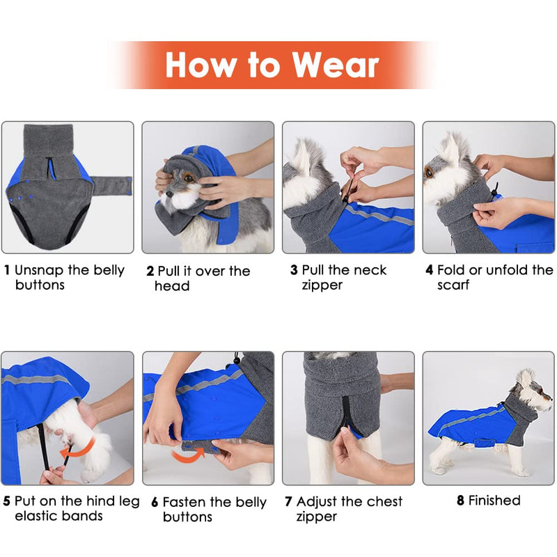 SlowTon Winter Dog Coat, Warm Polar Fleece Lining Doggie Outdoor Jacket with Turtleneck Scarf Reflective Stripe Adjustable Waterproof Windproof Puppy Vest Soft Pet Outfits (M+,Blue) E.Blue Medium + (Chest 24.5"-28.0") - PawsPlanet Australia