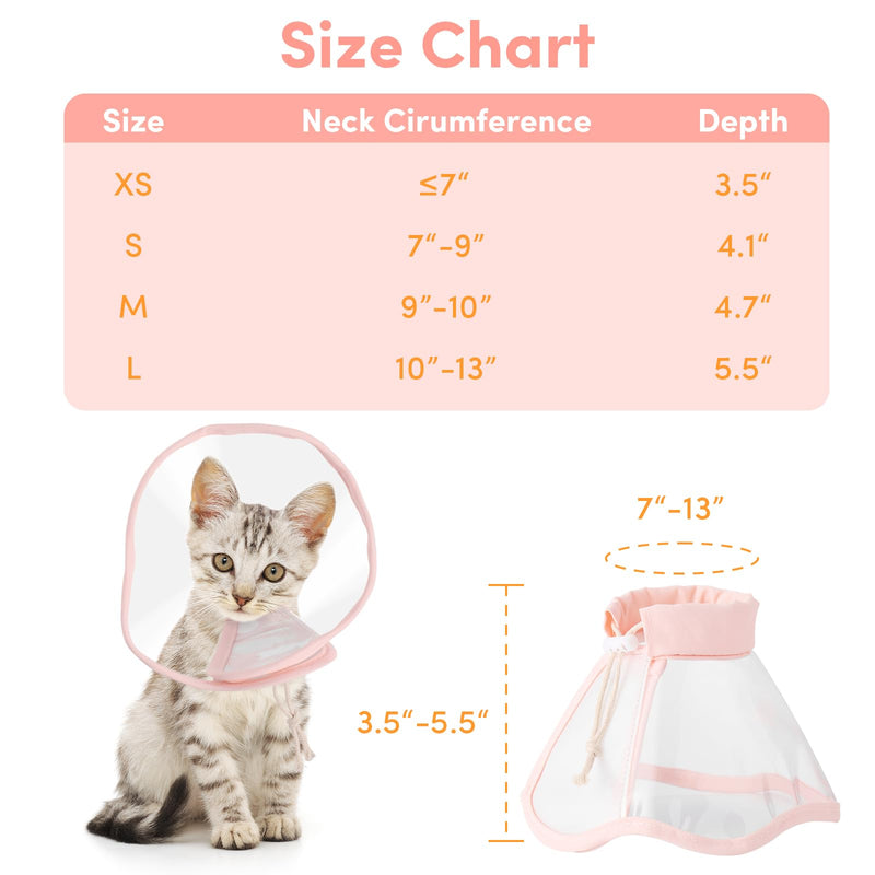 BENCMATE Cat Cone, Drawstrings Cat Cone Collar with Low Noise Fasteners, Transparent Cat Recovery Collar, Licking and Scratching Free Cone, Extra Soft Cat Surgery Collar (Pink,Small) [Neck:7-9"] Small Sakura - PawsPlanet Australia