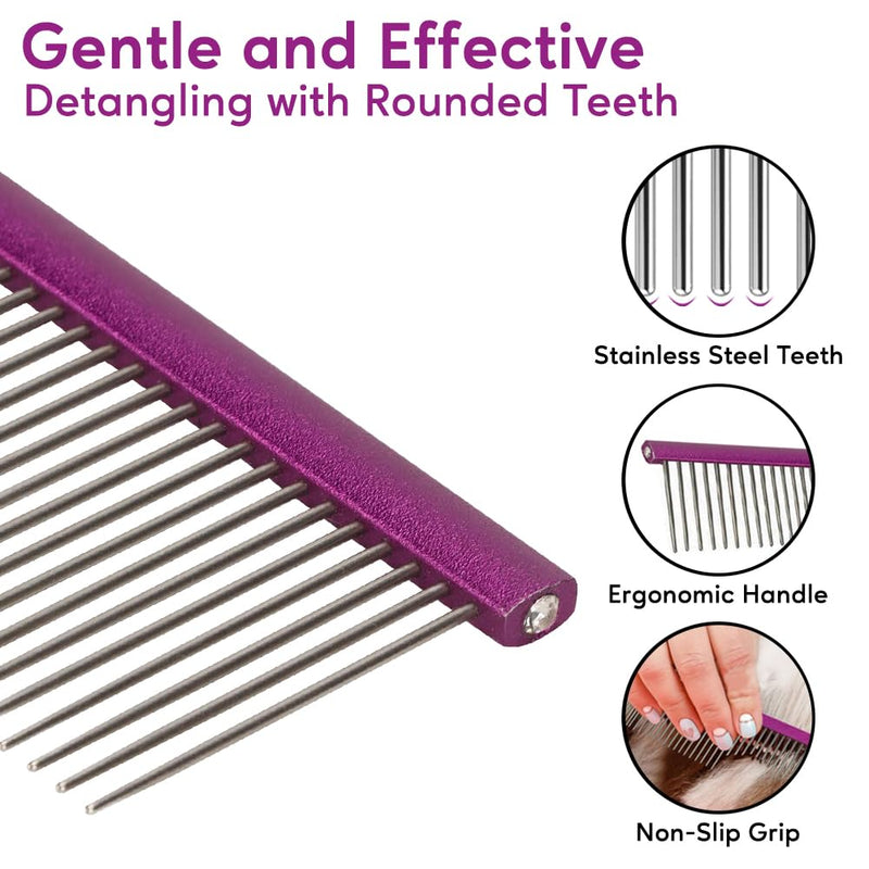 Pet Comb 8 inches Comfortable Grooming Comb with Different-Spaced Rounded Stainless Steel Teeth, Easy Grip and Convenient Grooming for Pets Dog Cat with Medium Coarse Fur - Purple 8" - PawsPlanet Australia