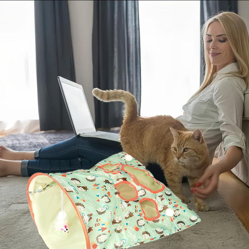SYCOOVEN Cat Tunnel Bag for Indoor Cats, Pet Collapsible Tunnel Crinkle Sack Bag with 1 Little Mouse & Toy Ball, Crinkle Paper Interactive Cat Toys Hide and Seek(Green Pattern) green pattern - PawsPlanet Australia