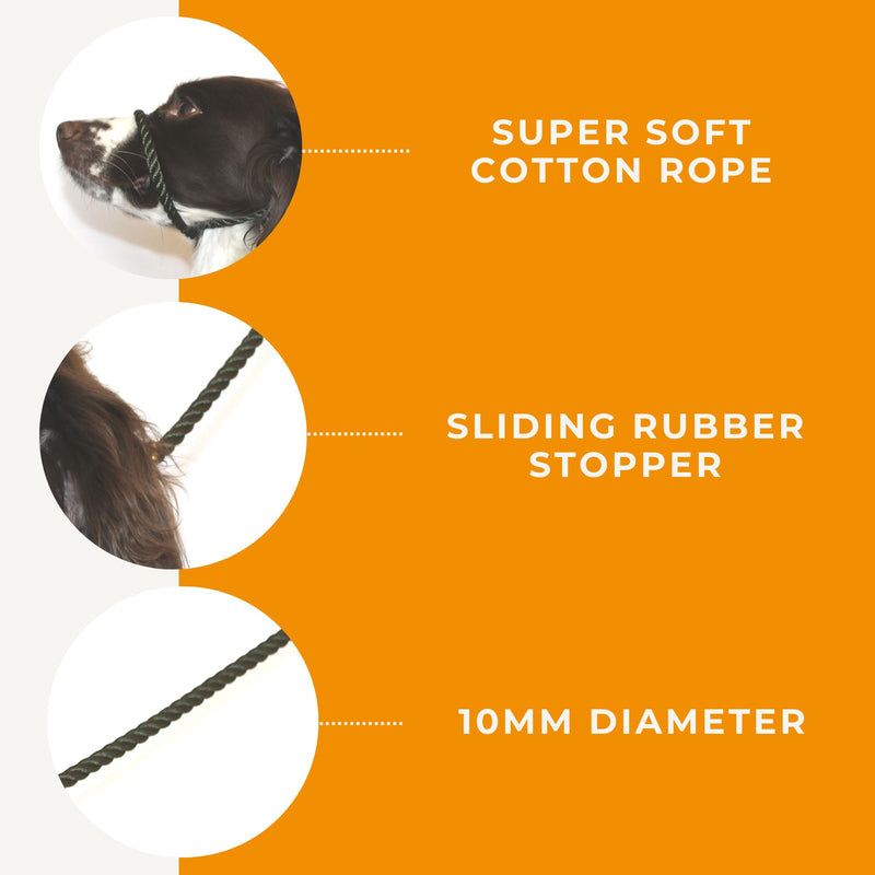 Dog & Field Figure of 8 Dog Leash, Olive Green. Cotton Rope Leash for Small, Medium & Large Dogs, One Size Fits All, No Collar Or Harness Needed. No Pull Dog Leash, Halter Lead for Dogs, 6.6 FT x 3/8" - PawsPlanet Australia