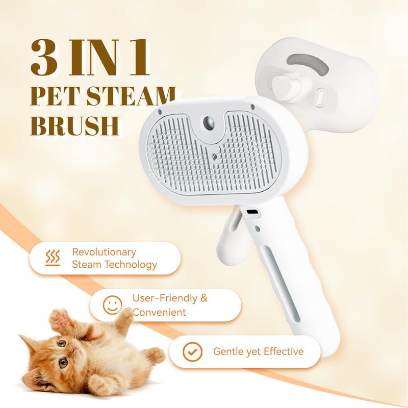 Cat Steam Brush, 3 in 1 Pet Spray Hair Removal Comb for Shedding & Grooming, Pet Grooming Brush with Spray, One-Click Release Button and Tank, Spritz Defur Comb for Cats Dogs, Effective(White) White - PawsPlanet Australia