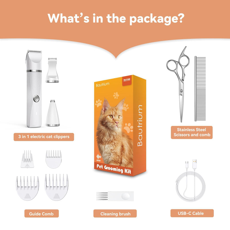 Cat Grooming Clippers Kit, Low Noise Cat Shaver for Matted Fur Claw - Paw Trimmer for Dogs with Stainless Steel Scissors Combs & USB-C Charging Cable Snow