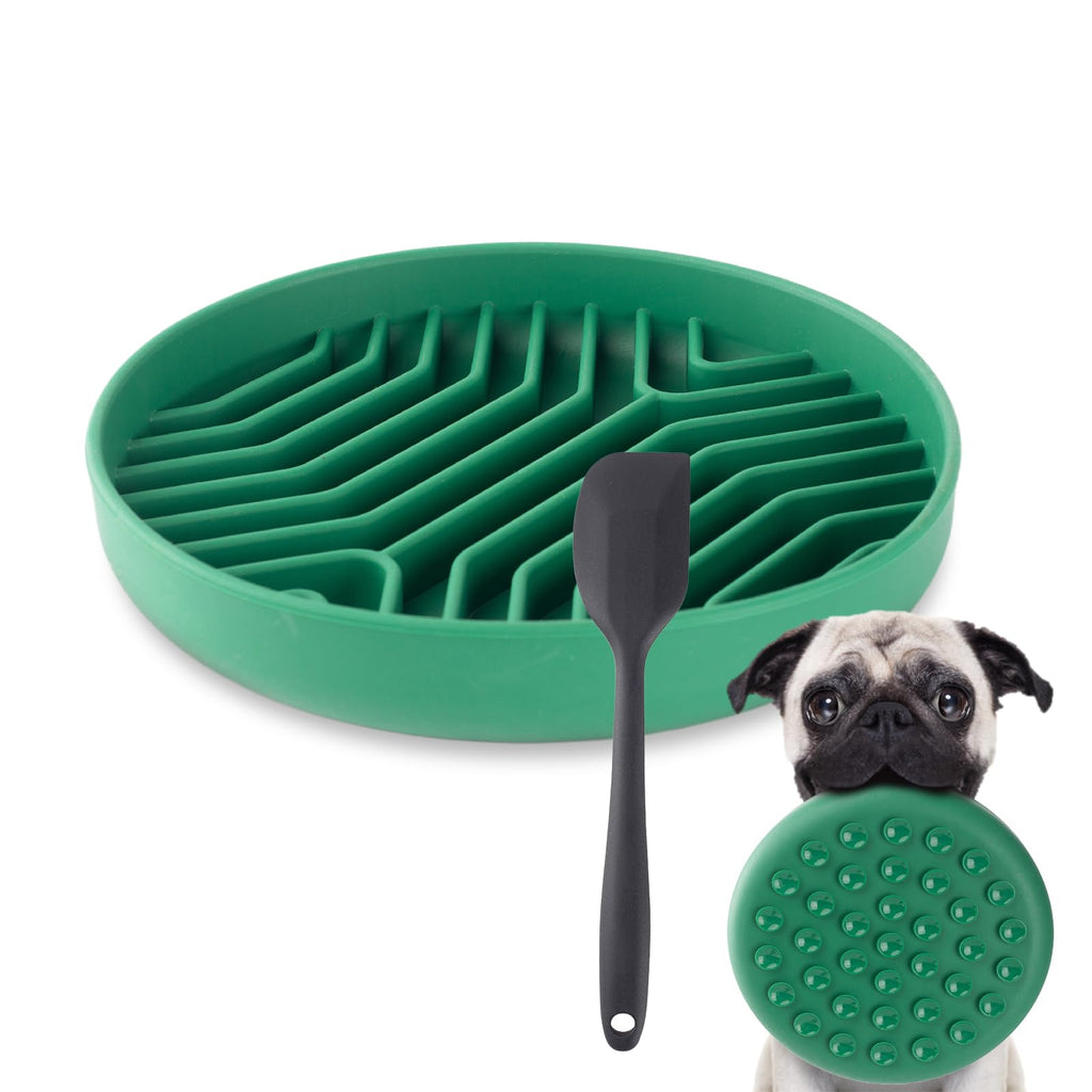 Slow Feeder Bowl with Spatula, Silicone Pet Puzzle Feeding Bowl with Suction Cups, Encourages Slow Eating, Reduce Boredom and Anxiety, Ideal for All Breeds Dogs & Cats - Green, Large