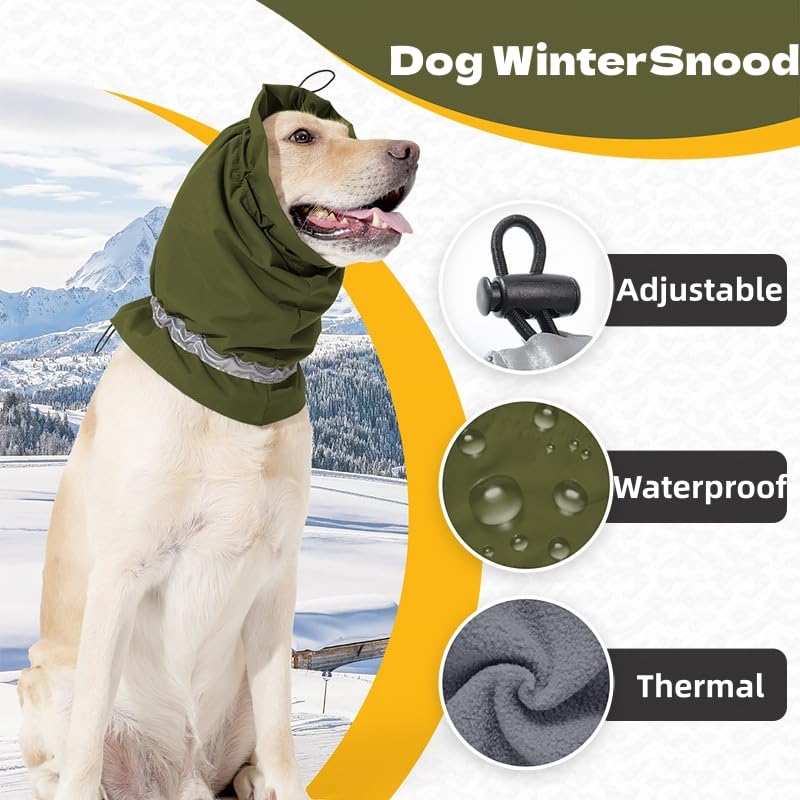 Dog Winter Ear Protector Waterproof Thermal Dog Snood with Reflective Strip Puppy Earmuffs Dogs No Flap Ear Wrap Pet Ears Neck Cover for Warm Winter Anxiety Relief Calming (Green, L) Green