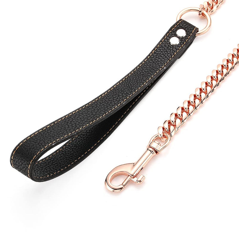 AIYIDI Rose Gold Chain Dog Leash Heavy Duty 3FT/4FT/5FT Stainless Steel Metal Training Walking Leash,Easy Hook,Leather Handle,Chewy, 10mm/14mm Cuban Link Leash for Large Medium Small Dogs Chain Width: 14mm 5FT(60inches) - PawsPlanet Australia