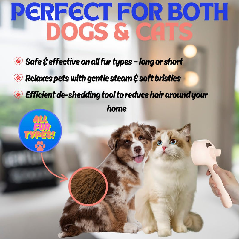 Pet Steam Brush for Cats Dogs, 3-in-1 Cat Grooming Tool with Water Spray and Quick Hair Release Button, Hair Removal Comb for Shedding, Steamy Brush (Pink) Pink - PawsPlanet Australia