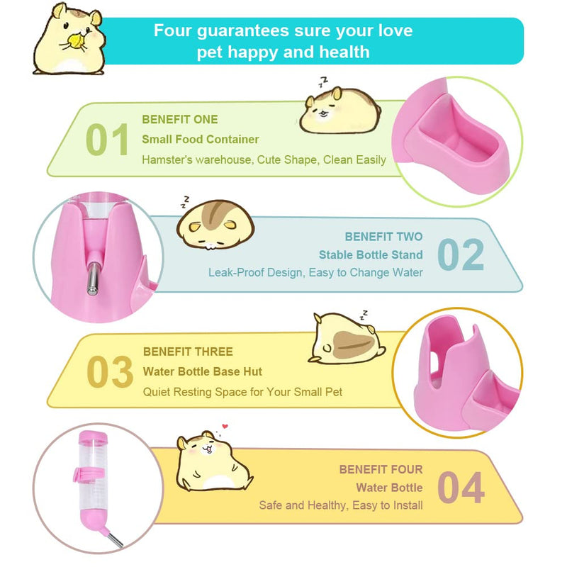 Litewoo Hamster Water Bottle with Food Container Base Hut No Drip Drinking Dispenser for Dwarf Hamster Rats Mouse Gerbil Mice（Pink 80ML） Pink - PawsPlanet Australia