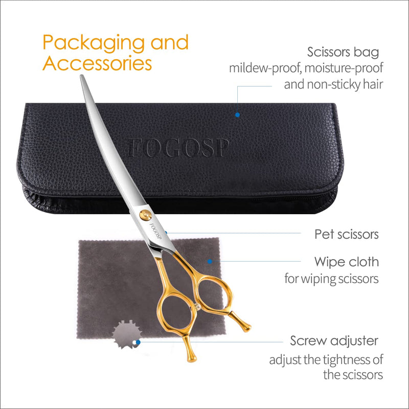 Curved Dog Grooming Scissors Professional 7" Grooming Shears for Dogs Pet Right Handed Groomer Japan 440C Stainless Steel (7 in Curved, Gold) 7 inch - PawsPlanet Australia