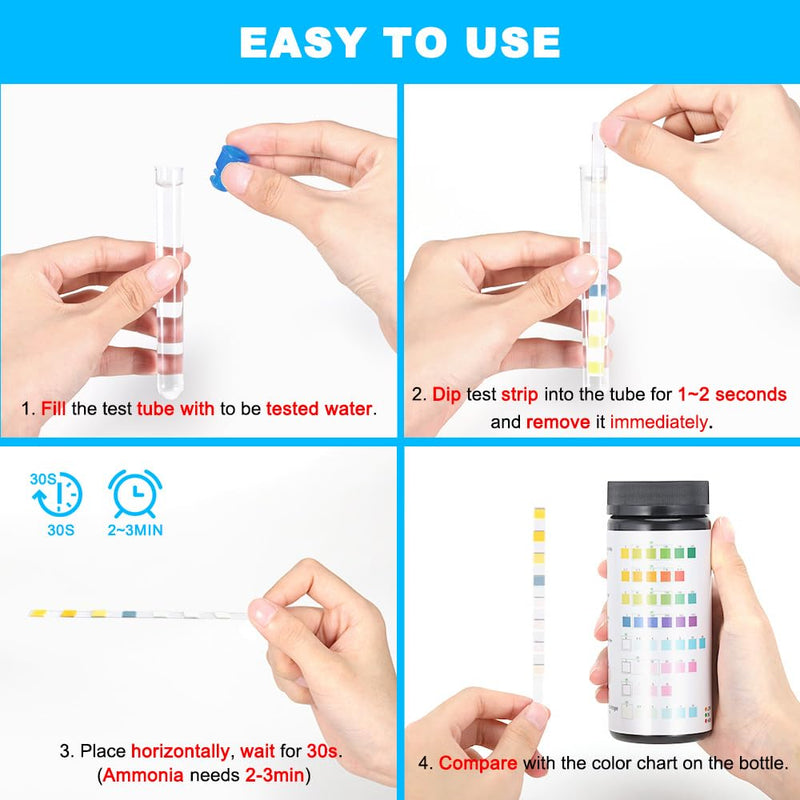 DaToo 8 in 1 Aquarium Test Kit Fish Tank Test Strips Accurate Water Quality Testing Strips for Ammonia PH Total Alkalinity Carbonate Hardness Free Chlorine Nitrate Nitrite Temperature (100 Strips)