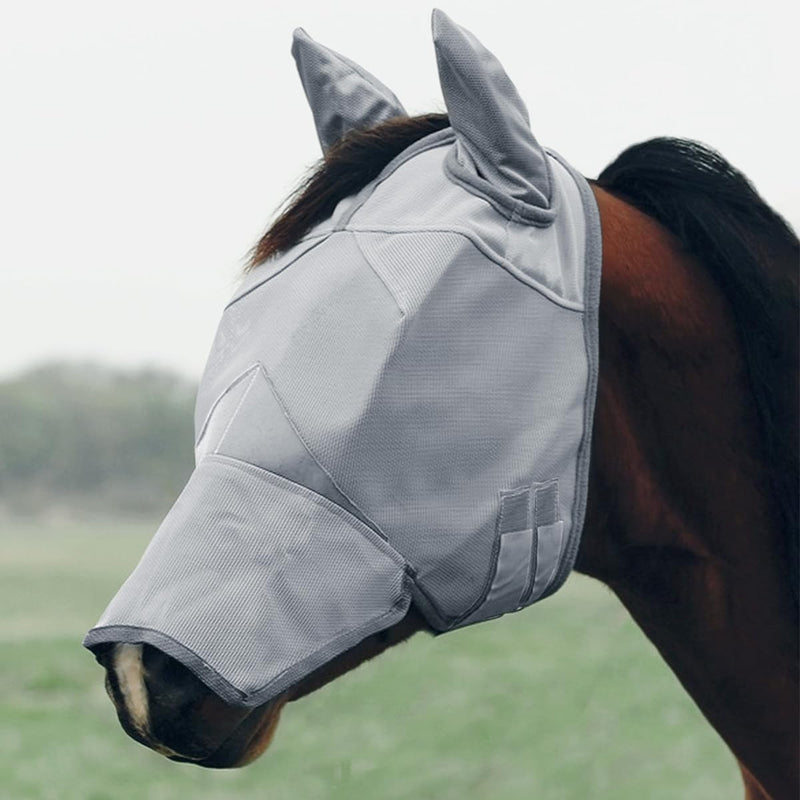 Horse Fly Mask, Elasticity Fly Mask with Ears and Long Nose UV Protection for Horse, Grey (Plus) Grey with Ears + Long Nose - PawsPlanet Australia