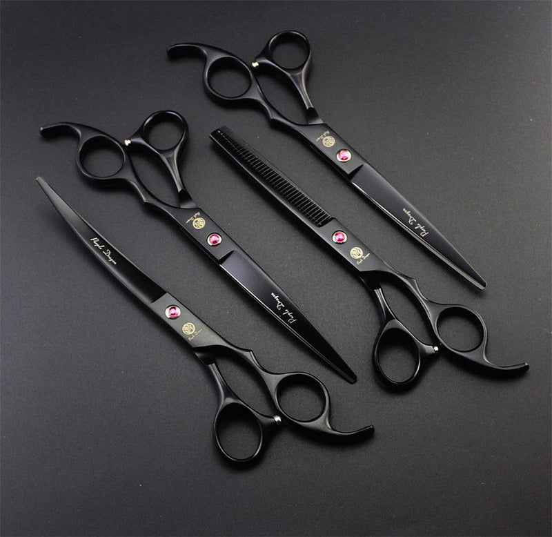 Purple Dragon Professional 7.0 inch 4PCS Pet Grooming Scissors Kit Japan Premium Steel Straight, Curved & Thinning Blade Dog Hair Cutting Shears Set with Case Matte Black - PawsPlanet Australia
