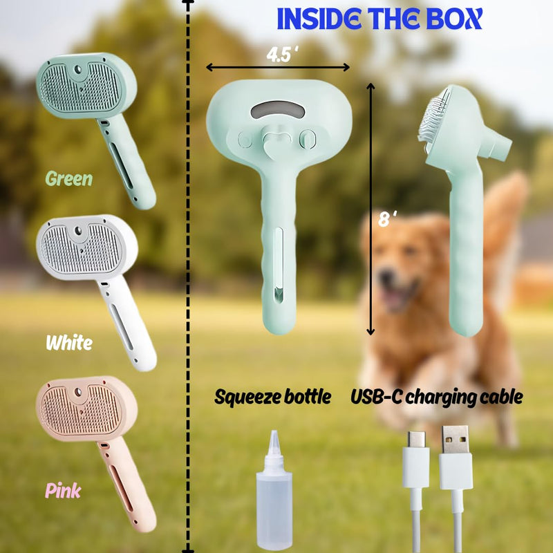 Pet Steam Brush for Cats Dogs, 3-in-1 Cat Grooming Tool with Water Spray and Quick Hair Release Button, Hair Removal Comb for Shedding, Steamy Brush (Geen) Geen