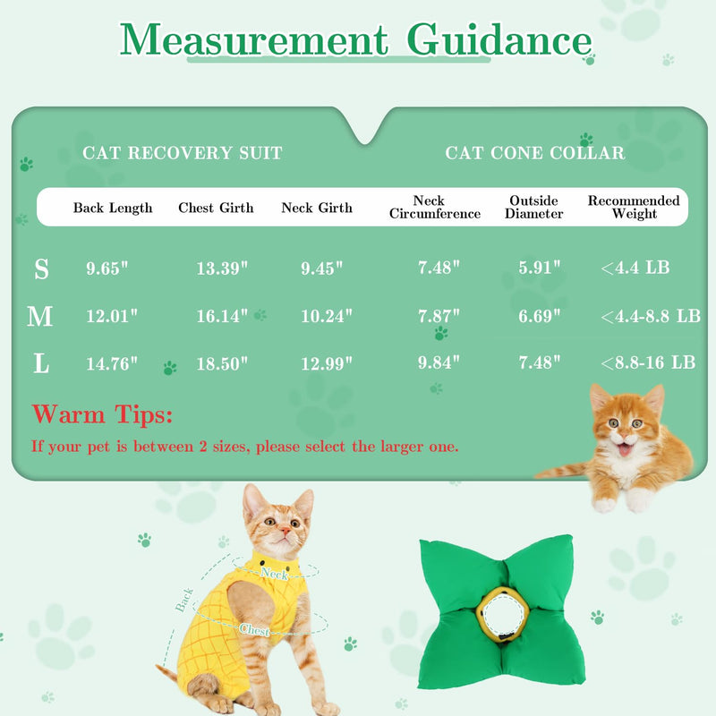 EMUST 2PCS Cat Recovery Suit & Cat Cone Collar Female, Soft & Adjustable Dog Surgery Suit Female Spay for Abdominal Wounds, Cotton Cone for Cats to Stop Licking for Small Female Pets 8-16lb, Yellow, L Large