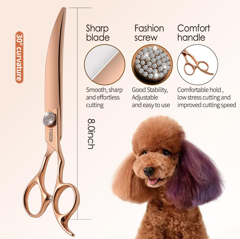 Rose Gold Titanium Curved Dog Grooming Scissors 8'' Downward 30° with Jewelled Screw Japan 440C Professional Pet Grooming Trimming Shears for Large Dogs Poodle(8,Curved) Curved Shears 8 inch - PawsPlanet Australia