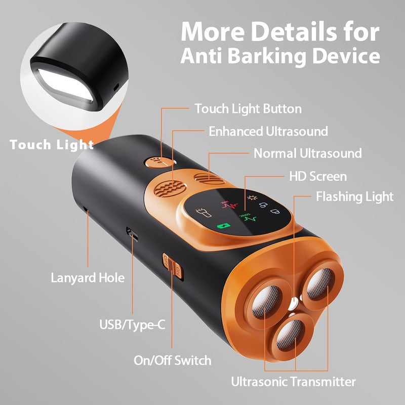 Dog Sonic Bark Deterrents Devices for Own or Neighbor's Dog, 3X Ultrasonic Anti Barking Device for Dogs Bark Deterrent Safe & Effective Stop Dog Barking Device with LED Flashlight Dogs Training Tools Orange - PawsPlanet Australia