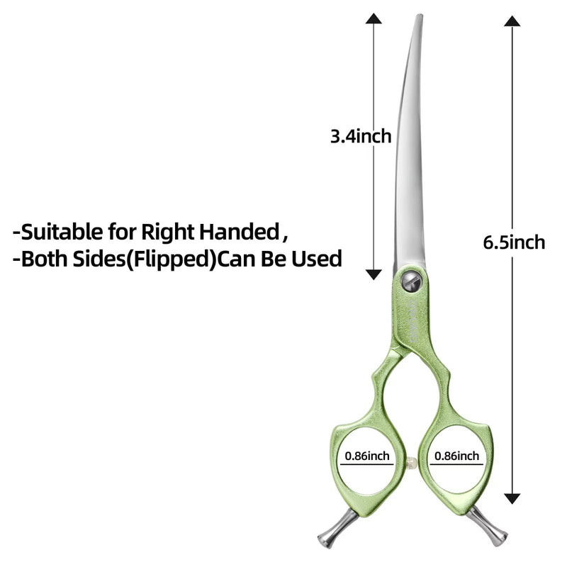 6.5" Curved Grooming Scissors for Dogs 440C Stainless Steel Professional Dog Grooming Scissors with Ultra-Light Aeronautical Aluminum Handle (Green-Curved) Green - PawsPlanet Australia
