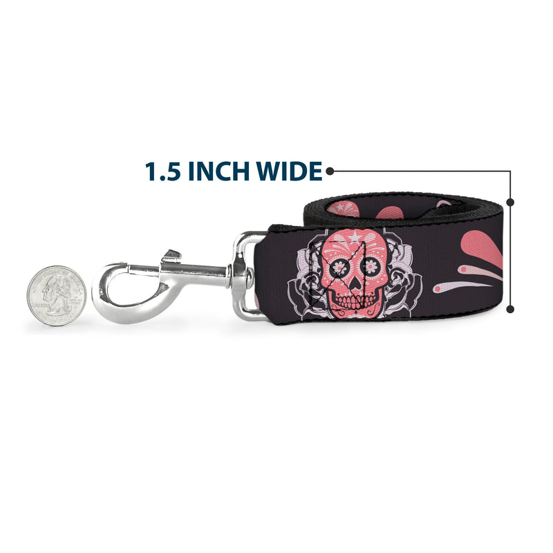 Buckle-Down Pet Leash - Sugar Skulls Gray/Pink - 6 Feet Long - 1.5" Wide - PawsPlanet Australia