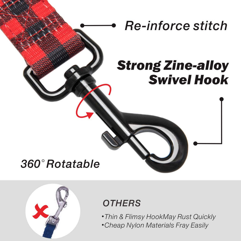 PoyPet 5 Feet Dog Leash - 2 Cushioned Handles - Functional Car Seat Belt - Fashionable Pattern, Buffalo Plaid(Checkered Red, L) L( 1'' Width ) Checkered Red - PawsPlanet Australia