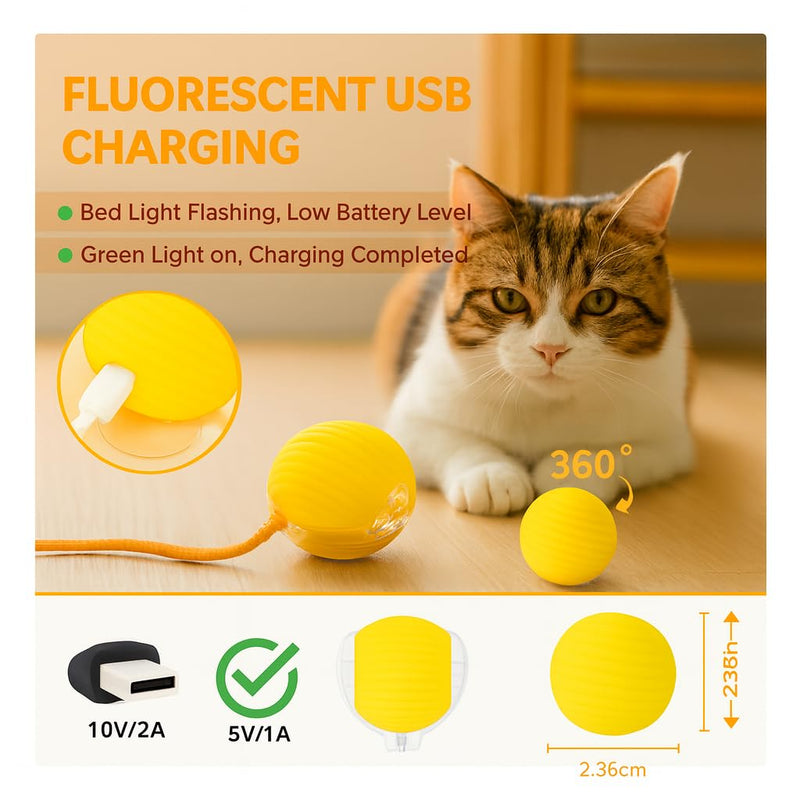 Automatic Cat Toy Ball – Rechargeable Cat Ball with Feather & Ribbon Tail – Light-Up Effects – Smart Rolling Indoor Cat Toys – Dual Speeds – Interactive Cat Toys for Kittens Yellow - PawsPlanet Australia