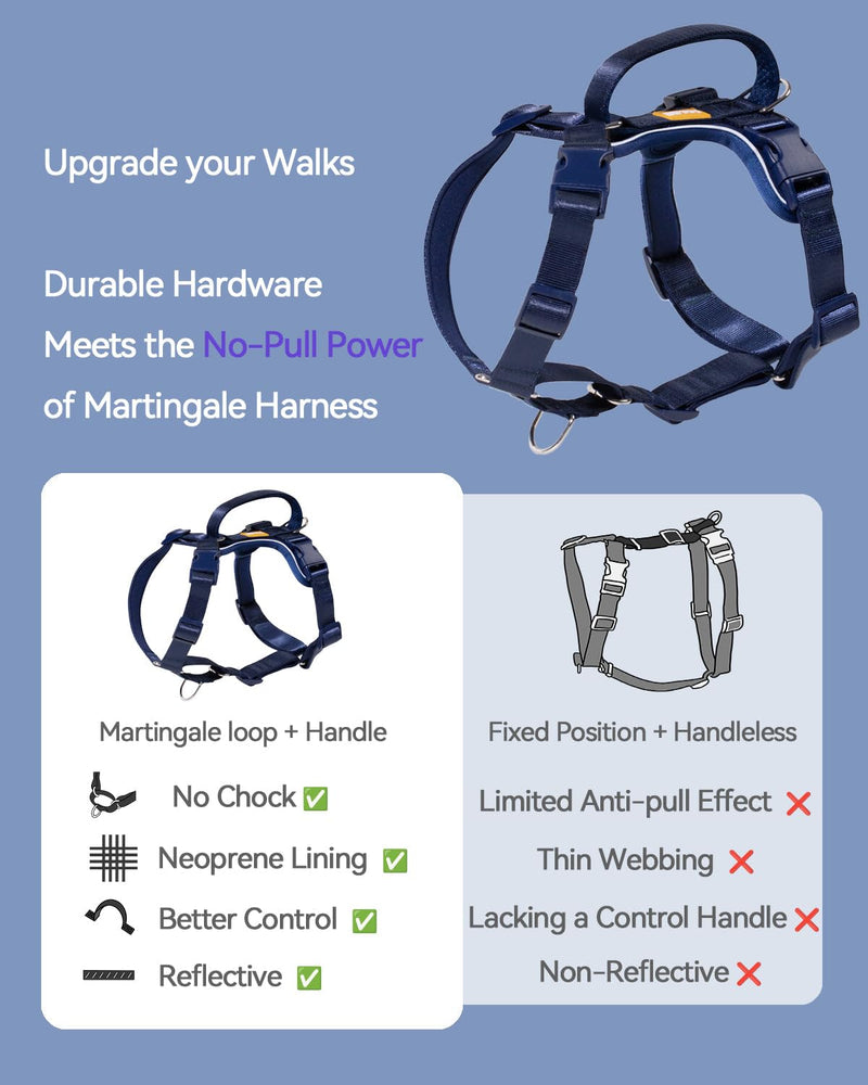 DF Freedom No Pull Martingale Dog Harness, Gentle Control for No Choking, Front Clip Harness with Reflective, Adjustable & Padded Handle for Easy Walking & Training, Navy Blue, 1", Chest 22.4"-30.4" 1" (Chest 22.4" - 30.4") Navy Blue Pro - PawsPlanet Australia