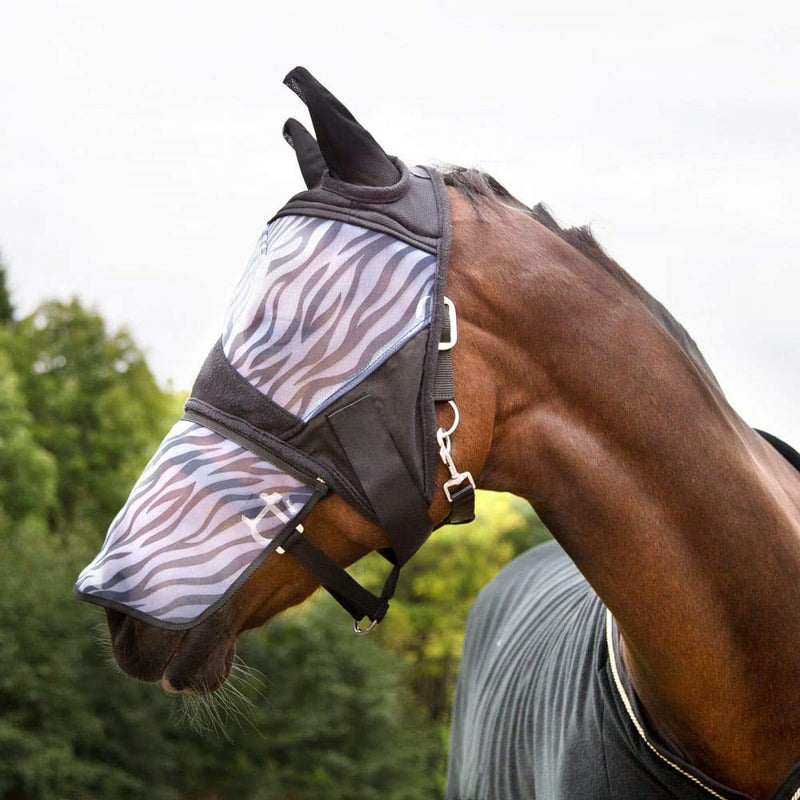 HORZE Zebra Pattern Mesh Insect and Fly Mask with Detachable Nose Protection - Black - L - PawsPlanet Australia