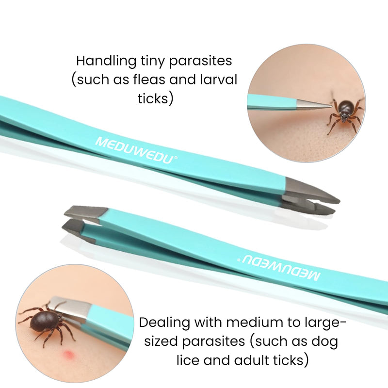 MEDUWEDU Tick Removal Tool Kit for Dogs, Cats & Humans – Stainless Steel Tick Tweezer, Fork & Dual-Head Clamp with Leather Pouch, Safe & Easy Tick Remover for Pets, Ideal for Grooming & Outdoor Travel