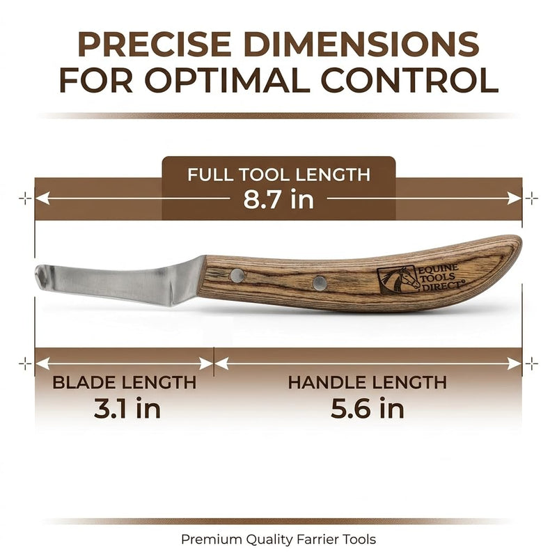 Curved Blade Hoof Knife, J2 420 Magnetic Stainless Steel, Right-Hand, Ergonomic Wooden Handle, Professional Farrier Trimming Tool