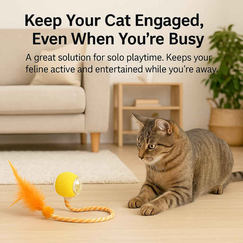 Automatic Cat Toy Ball – Rechargeable Cat Ball with Feather & Ribbon Tail – Light-Up Effects – Smart Rolling Indoor Cat Toys – Dual Speeds – Interactive Cat Toys for Kittens Yellow - PawsPlanet Australia