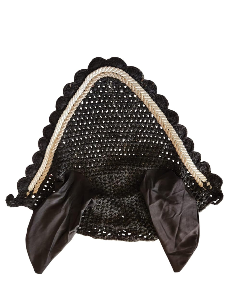 Horse Ear Bonnet Fly Veil Crochet Equestrian with Piping Black Color Full Size