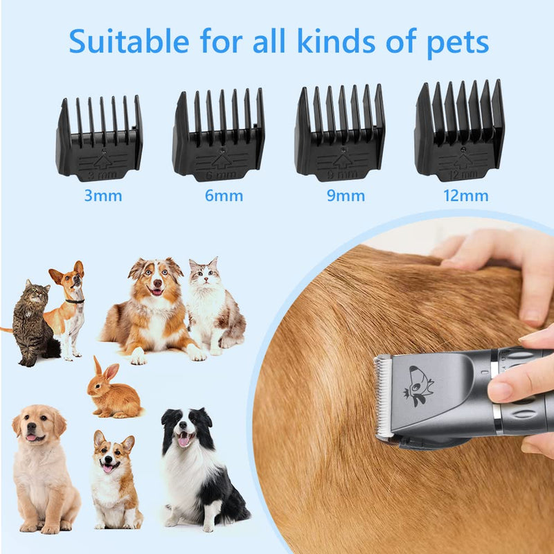 Dog Clippers, Professional Dog Grooming Clippers Kit, Low Noise Rechargeable Cordless Dogs Grooming Clipper, Electric Pet Clipper Hair Trimmer for Dogs, Cats and Other Animals, Silver