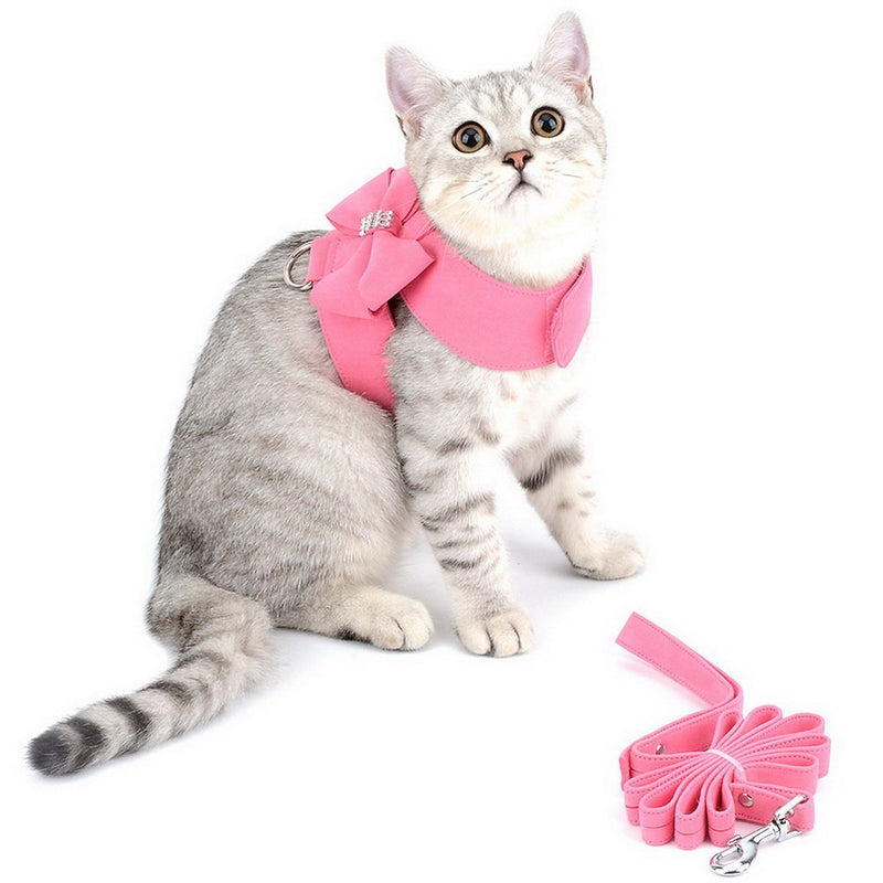 Zunea Pet Dog Vest Harness for Small Dog Girl Bow Tie No Pull Soft Suede Leather Puppy Harness Leash Set Adjustable Bling Rhinestone Cat Kittens Harnesses Escape Proof for Walking Running S (Neck: 10"; Chest: 12",for 3-5 lbs) Pink