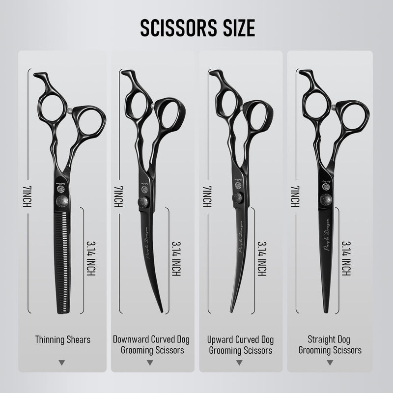 Purple Dragon Dog Grooming Scissors Set - Thinning, Straight, Up & Down Curved Scissors and Comb, 7 Inch Black Shears with Adjustable Screw for Dogs and Cats Thinning Set - PawsPlanet Australia