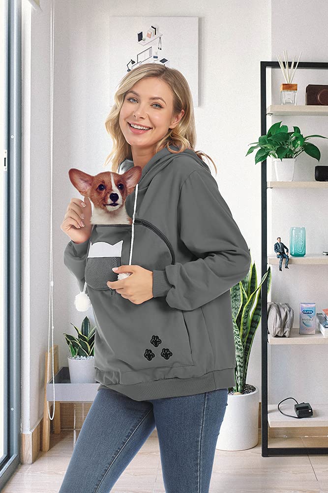 Women Pet Carrier Sweatshirt Puppy Kitten Holding Hoodies Long Sleeve Pouch Tops X-Large-XX-Large Dark Grey - PawsPlanet Australia