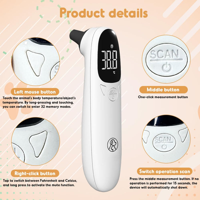 Dog Ear Thermometer, Dog and Cat Fever Thermometer with LED Display, 12.8 * 3.9 cm Portable Ear Thermometer for Dogs, Cats, Cows, Horses and Animals, Fast and Accurate
